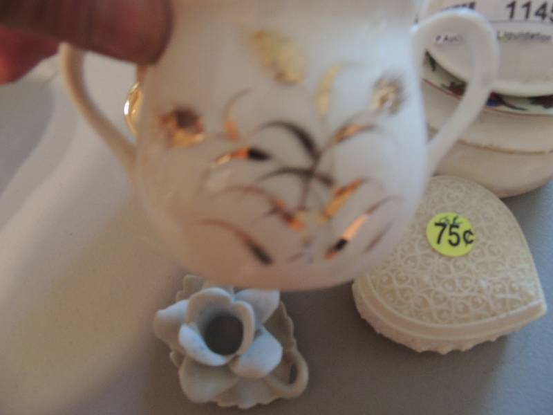 lot 1145 image: 3 teacups, candle stand trinket box