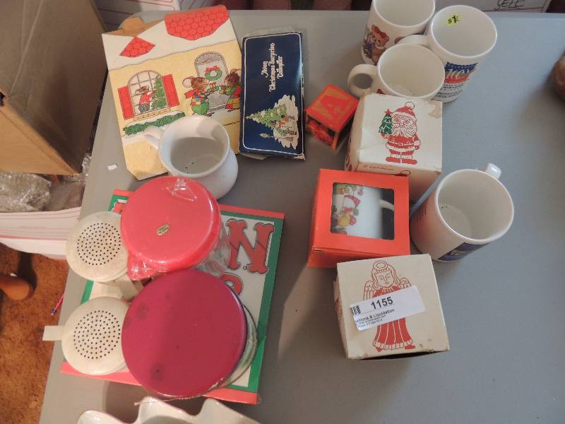 lot 1155 image: Misc. Christmas items- mugs, S&P shaker, candy dishes, etc.