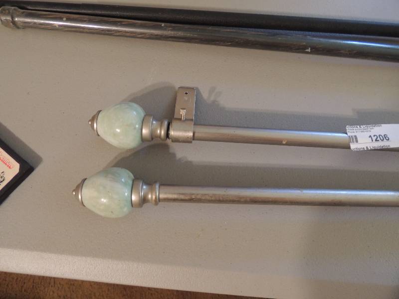 lot 1206 image: Curtain rods with marble finials x 2,   AND 1 Black  CURTAIN ROD 70  INCHES