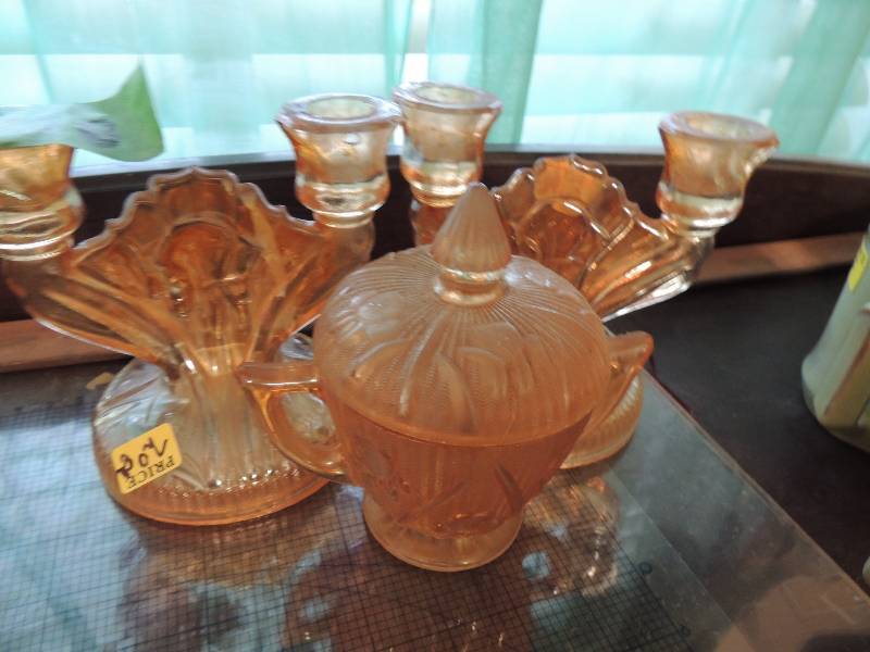 lot 328 image: 2 Carnival glass candle holders and 1 candy dish