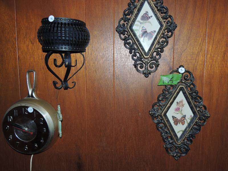 lot 195 image: wall clock (doesn�t work), flower wall pocket, butterfly pic