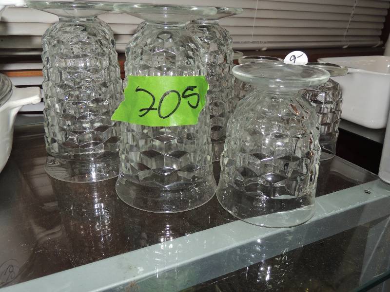 lot 205 image: Fostoria clear glasses - 5 water glasses and 4 juice glasses