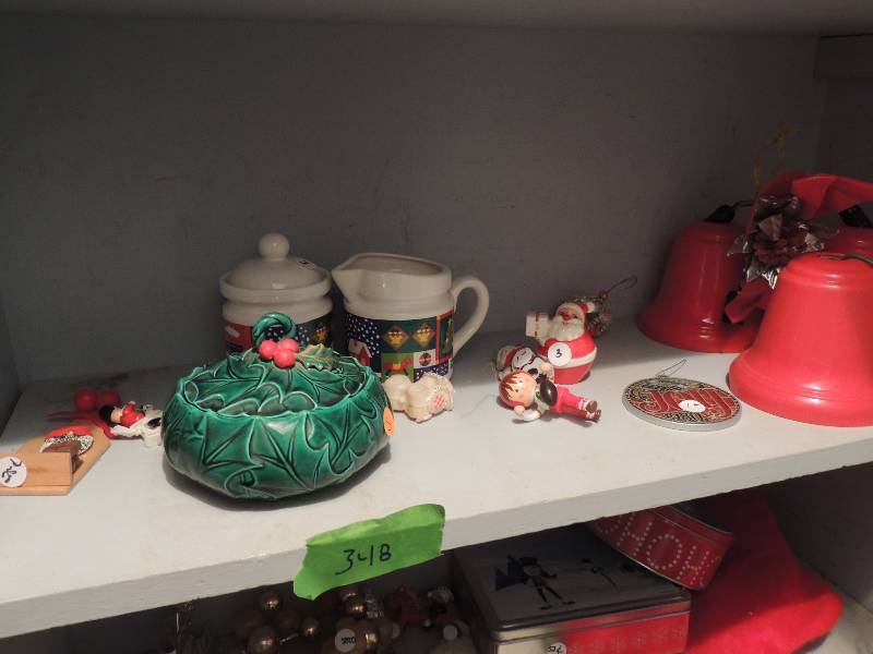 lot 348 image: Christmas bell light, cream  sugar set, 13 ornaments, candy dish, cookie tins and stocking plus fall tinsel
