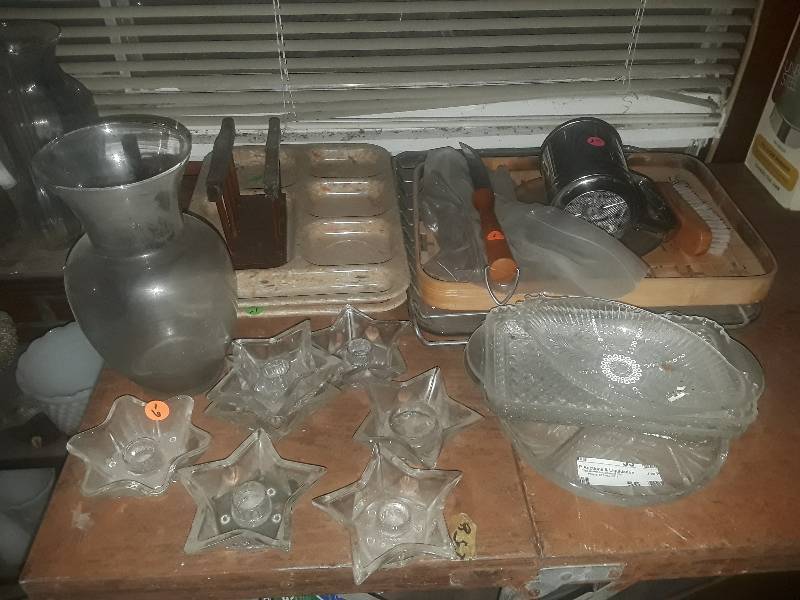 lot 56 image: Flour sifter, school lunch trays, small glass plates, candle stick holder and vases