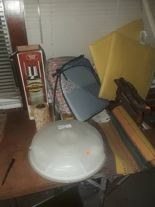 lot 57 image: crudit platter wth cover, thurmos in box, chair covers, placemats, etc misc
