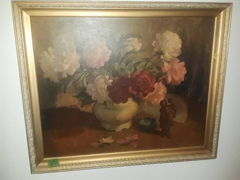 lot 316 image: Beautiful Large Giclee Painting of Flowers in vase in Neutral backdrop 36x32 in exquisite gold frame 1.5 thick