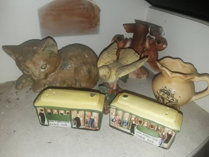 lot 79 image: Multiple sets of salt and pepper shakers, food scale, planters, etc