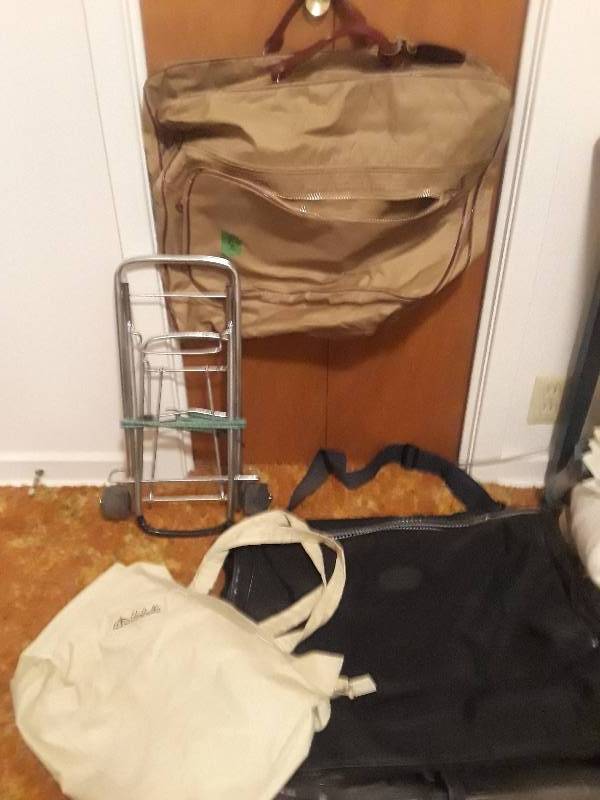 lot 364 image: Folding luggage cart and 2 hanging bags