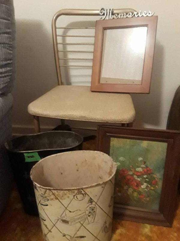 lot 362 image: 2 metal trash cans 2 picture frames and a vintage chair