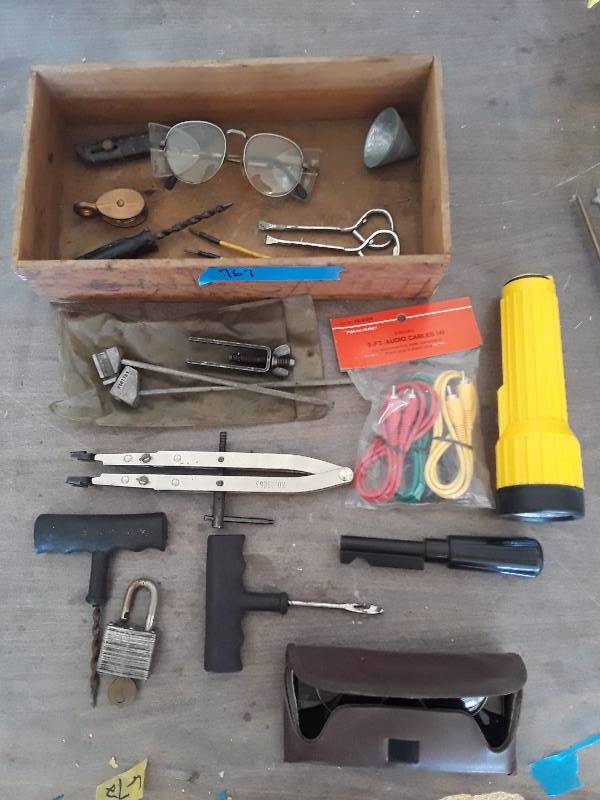 lot 767 image: Box of tools- clamps, butcher knife, etc.