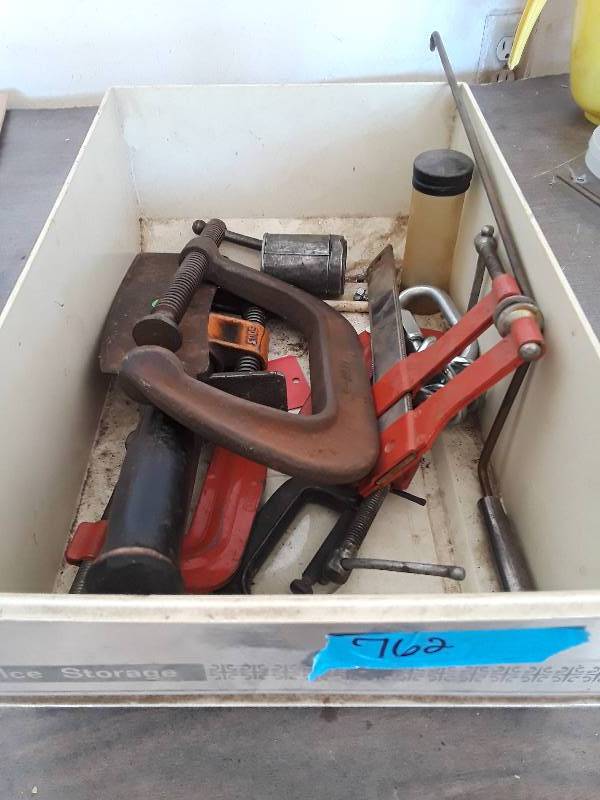 lot 762 image: Box of tools- clamps, butcher knife, etc.