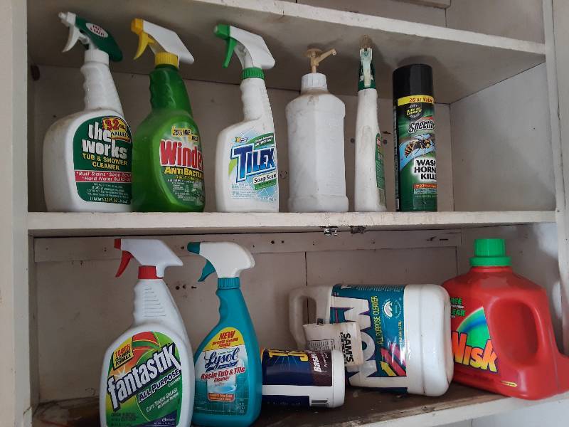 lot 757 image: Chemicals-laundry soap, windex, tilex, comet, hornet spray etc.