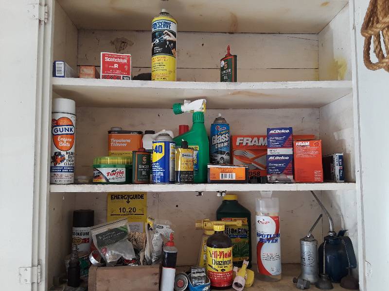 lot 756 image: lawn chemicals, oils, enzymes, air filters