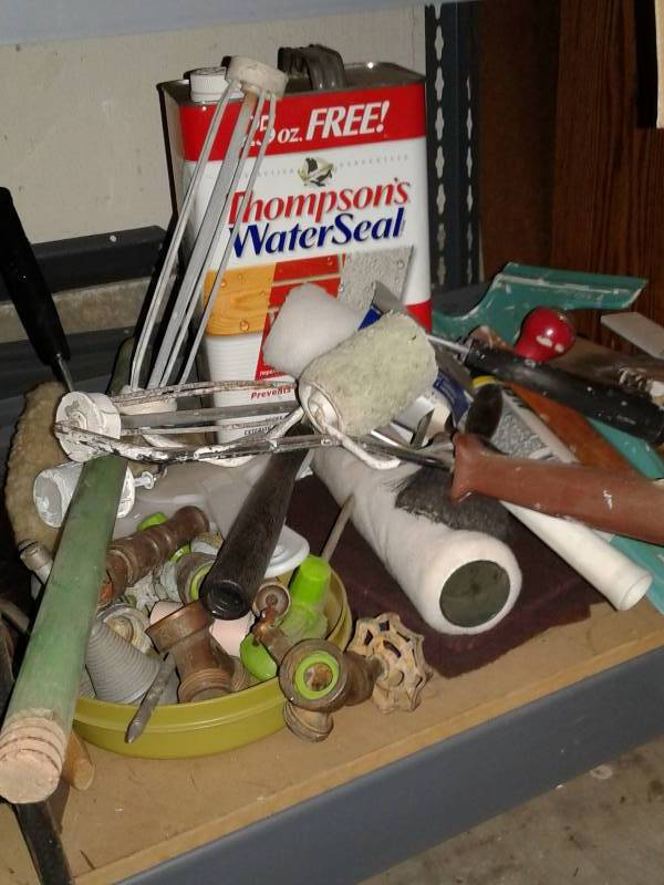 lot 671 image: Painting supplies-stirrers, scrapers, 2 cans of paint, brushes, rollers, etc.