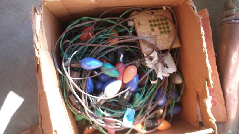 lot 624 image: Box of vintage Christmas lights, multiple strands (tested and works) extra bulbs in box. Also includes one 6 ft extension cord.