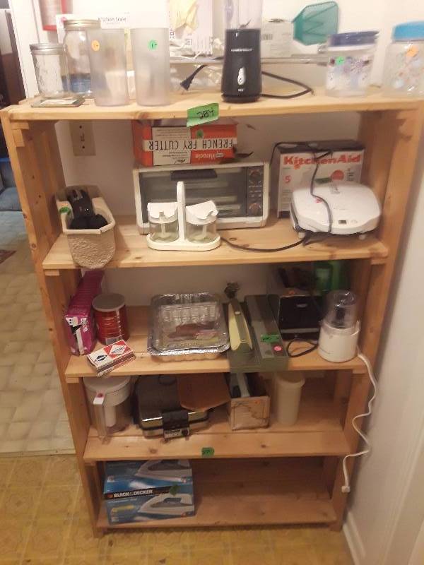 lot 279 image: 5 level shelving unit light colored wood used as pantry shelf but because of simple neutral design and color can be accomodating to any decor and use