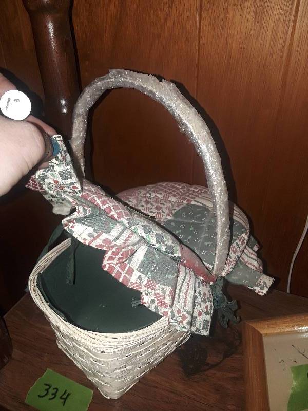 lot 333 image: Picnic style small Wicker basket with padded top - perfect for sewing basket and top can be used as pin cushion or great for many other uses