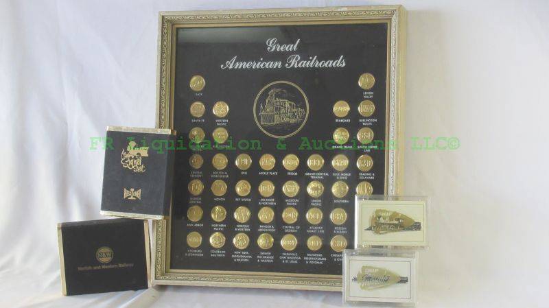 lot 11 image: Railroad insignia button collection 24kt gold plate (framed 13 x 15) and Railroad playing cards
