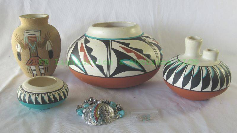 lot 12 image: Signed L. Toya Jemez N.M. native american art pottery (one is signed) and more