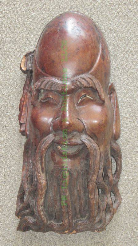 lot 54 image: Hand carved solid iron wood Asian wise man wall hanging, 24 tall