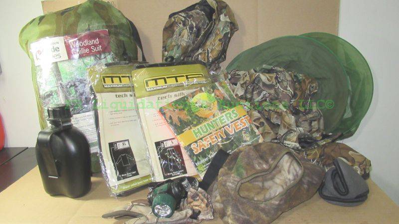 lot 59 image: Camo campinghunting gear including Woodland Ghillie suit and more as shown