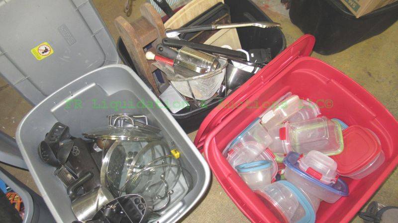 lot 60 image: Assorted pots, pans and kitchen utensils, 3 totes full