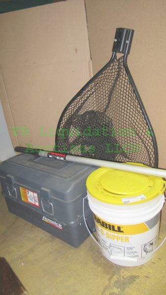 lot 89 image: Fishing equipment including tackle box with lures, Frabill net and more