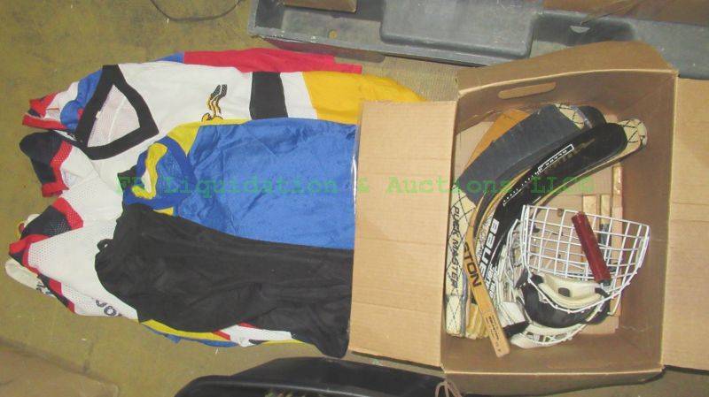 lot 92 image: Assorted hockey jerseys and gear as shown