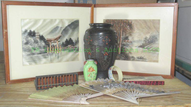 lot 108 image: Asian theme collection including framed foil prints, fans, vases plus