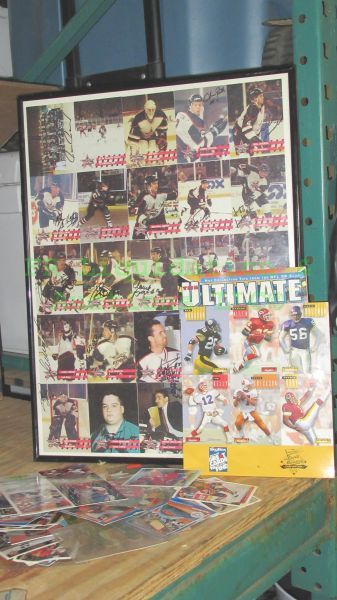lot 109 image: Signed by multiple hockey players uncut card sheet (framed 15 x 20) and various assorted sports cards