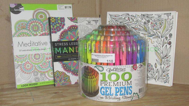 lot 110 image: Art set including Gelwrite 100 premium gel color pens, and 3 adult coloring books