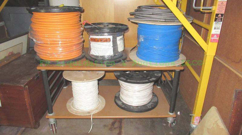 lot 261 image: Various industrial data communication cable medium to small spool rolls and cart, 5 rolls total