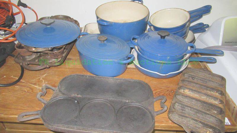 lot 129 image: Le Creuset enamel coated cast iron pan set and more, generous quantity