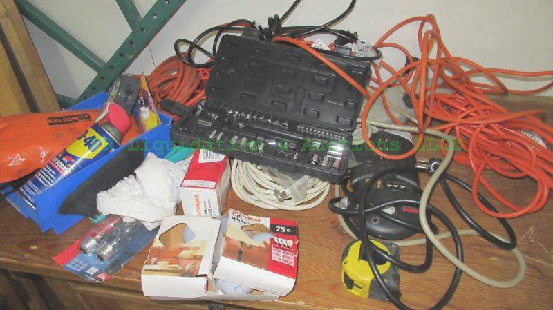 lot 132 image: Assorted electrical extension cords and misc. hardware and tools as shown