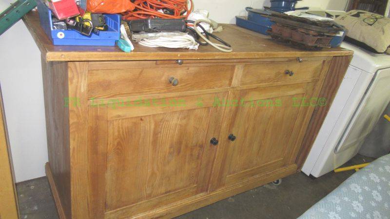 lot 130 image: Heavy duty solid fir wood shop cabinet, contents not included