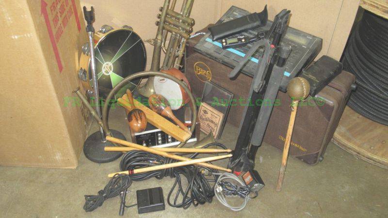 lot 240 image: Assorted music instruments and more including Seiko quartz guitar tuner, Korg Digital drums, Trumpet, and more