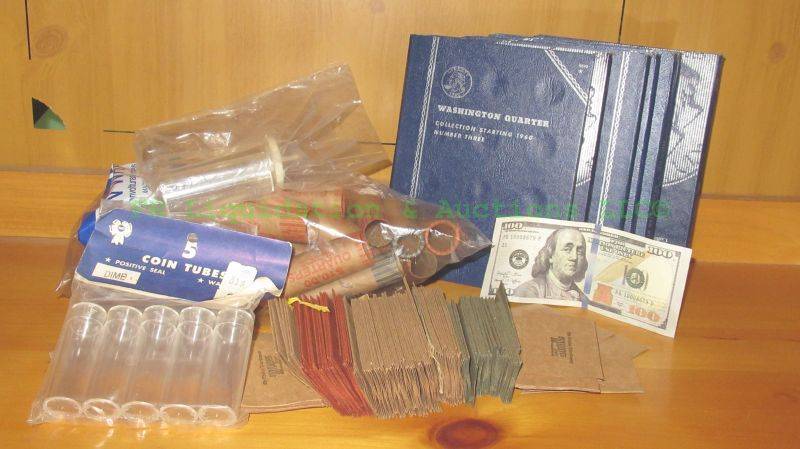 lot 227 image: Coin wrappers, penny collector books and one hundred dollar movie prop bill