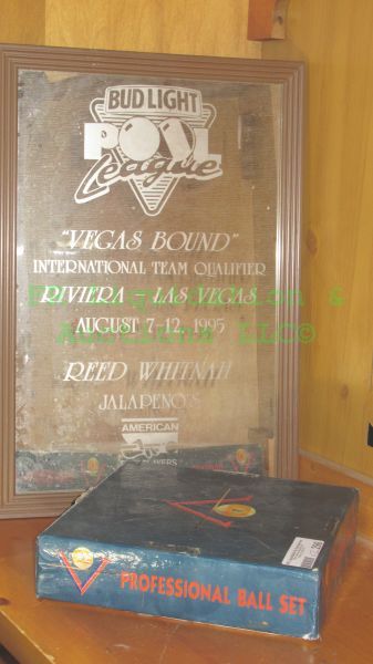 lot 296 image: Professional pool ball set and Bud light pool league wall mirror