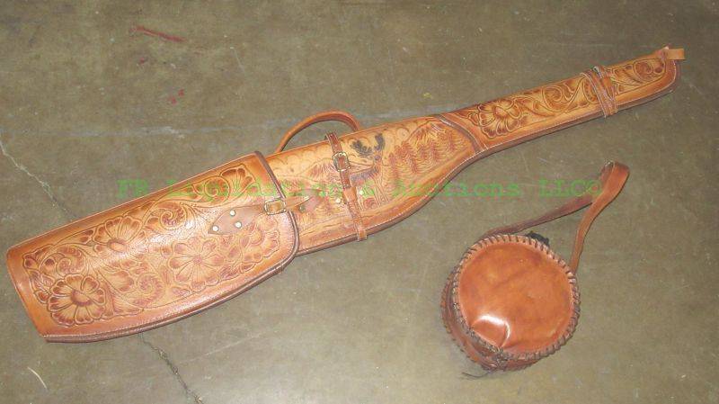 lot 304 image: Custom Hand tooled leather rifle carry case and leather covered canteen