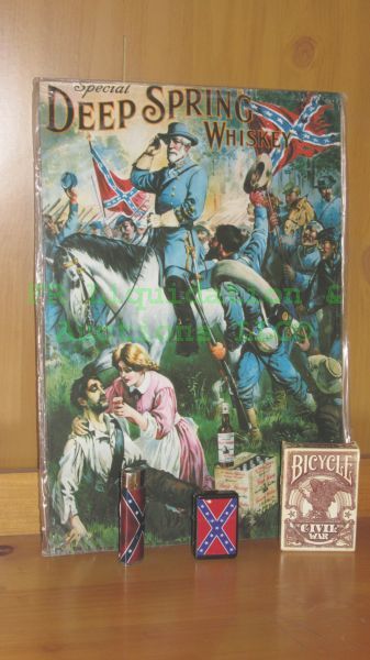 lot 301 image: Deep Spring whiskey tin sign (11 x 16) and confederate flag lighters plus