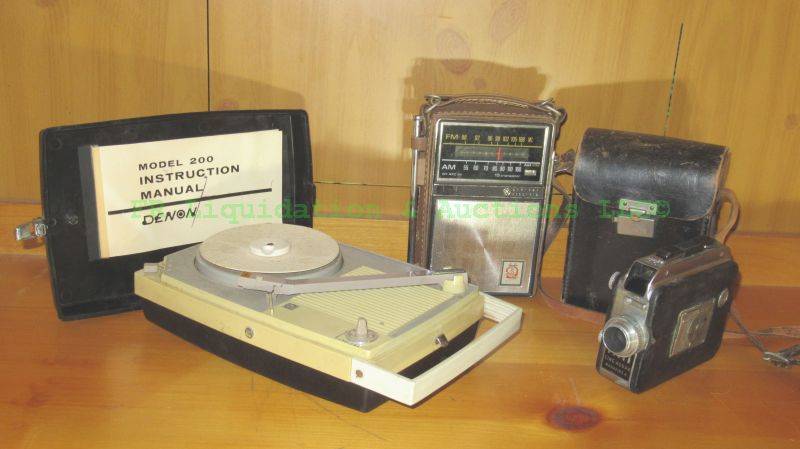 lot 287 image: Vintage portable music players including Denon model 200 portable record player, AMFM radio and Cine-Kodak 8mm camera