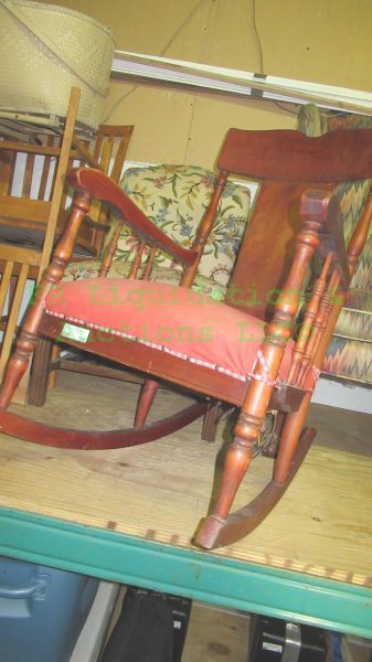 lot 308 image: Antique solid maple wood rocking chair and two cushioned ocassional chairs