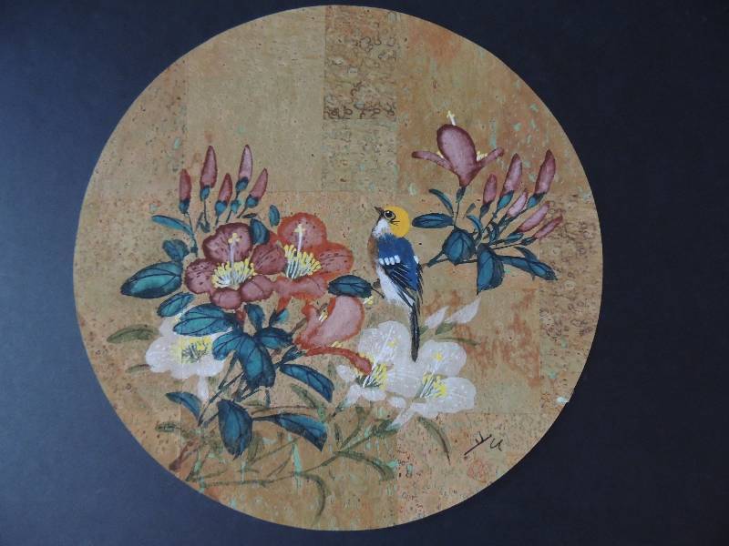 lot 93 image: Parchment Paper- Floral and Bird signed YV 13 circle