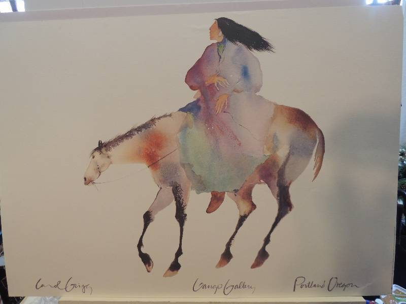 lot 110 image: Carol Grigg- Hand boardPoster for Gango Gallery Portland, Oregon 26x36.     Indian M Horse Cold pressed Lithograph 21 12 x 30