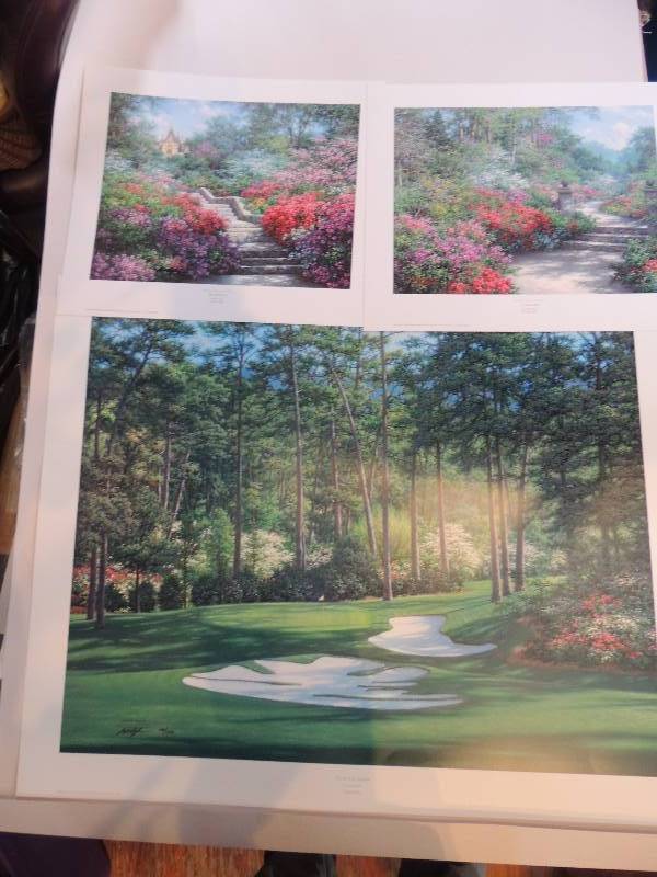 lot 111 image: Larry Dyke- The Tenth at Augusta 1181 of 1500 signed 26x32.   Impressions of Biltmore The Stairway 6271200 14 12 x 17.    Azalea path 11401200 14 12 x 17