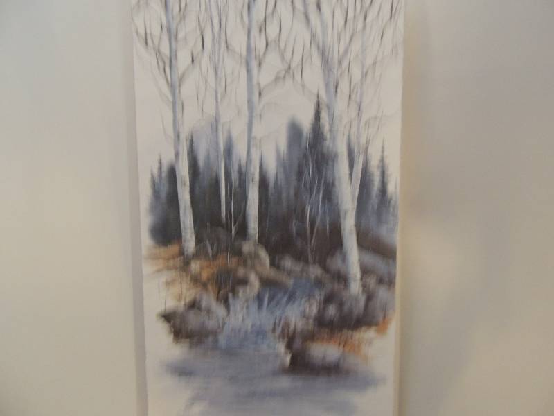 lot 116 image: John A. White- Spring Thaw (Birch trees and stream) 49450, coldpress paper 22x10