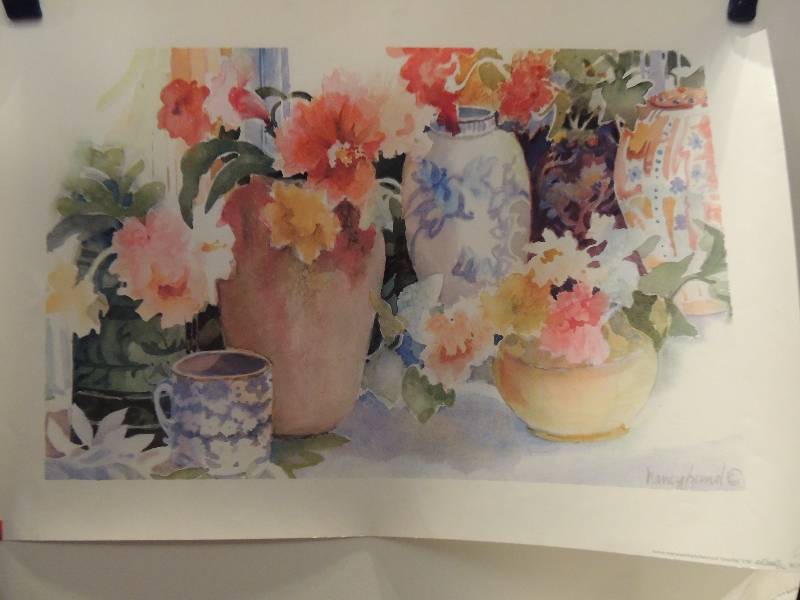 lot 126 image: Nancy Lund- China Shop  18 x 25.         Madeleine Lemaire- Peonies and Roses 14x18.          Rouviere- The Blue vase 29x22