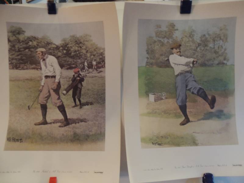 lot 134 image: A.B. Frost- Sheer Strength #1303 17x13.     Hooked #1305 17x 13.     Clement Flower (1913)- The Triumvirates - Harry Varde, James Bride, John H, Taylor 17x13