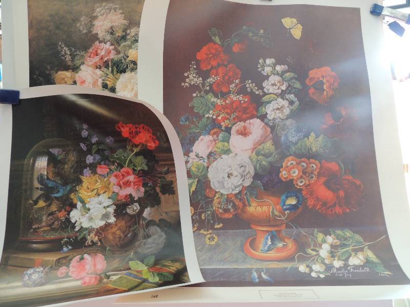 lot 136 image: Martin Framhood- Summer Bouquet 1802 Printed in Italy 27 x 20    John Wainewright- A Floral Portrait 17 12 x 13 12.     Paul Biva- Still Lipe of Roses 19x23