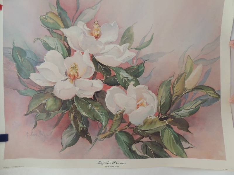 lot 137 image: Barbara Mock- A Summers Picnic (Top edge has some wrinkles) 27x32.     Magnolia Blossoms 20x 26.     Karen Vernon- In the Absence of Fantasia 1993 28x23.